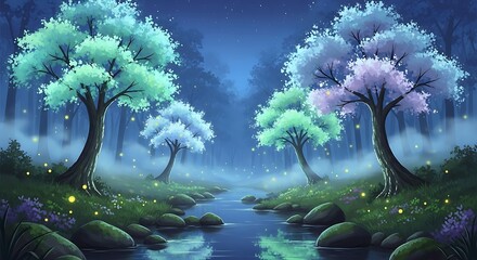 Enchanted Forest Stream - A Dreamy Landscape of Glowing Trees.