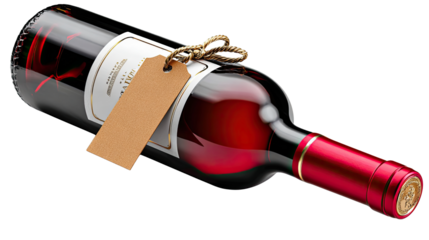 Fine Red Wine Display: A single bottle of fine red wine, complete with a blank tag for customization, inviting you to create your own message. The elegant bottle glistens with a rich, inviting hue. 