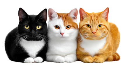 Trio of Feline Grace: A captivating composition featuring three adorable cats, each with their own unique charm, gazing directly at the viewer, exuding an air of gentle curiosity.