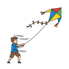Boy Flying Kite Flat Vector Illustration