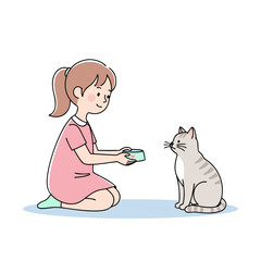 Girl Feeding Cat Flat Vector Illustration