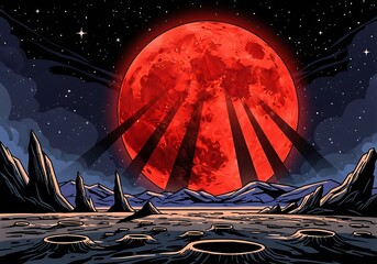 Crimson Moonscape - A Surreal Lunar Vision with Red Giant.