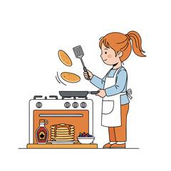 Girl Cooking Pancakes Flat Vector Illustration