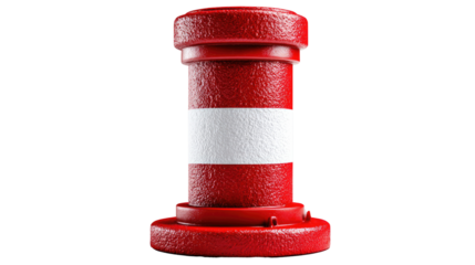 Roadside Sentinel: A sturdy bollard, painted in striking red with a white stripe, stands as a vigilant guardian on a street, embodying urban infrastructure.