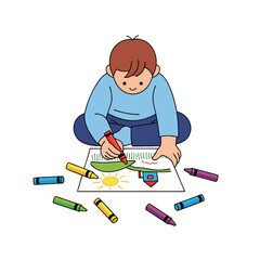 Child Drawing with Crayons Flat Vector