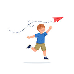 Boy Flying Paper Airplane Flat Vector