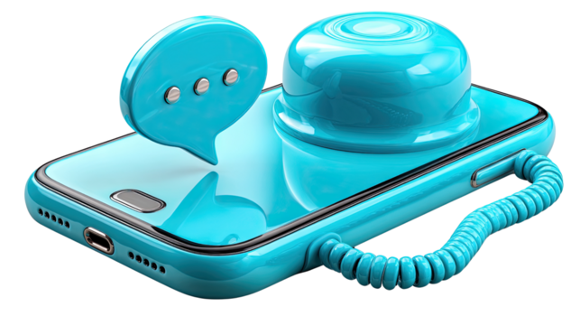 Digital Communication: A vibrant smartphone, rendered in a striking blue hue, emanates a playful speech bubble, symbolizing instant messaging and digital communication. A corded dial phone rests atop.