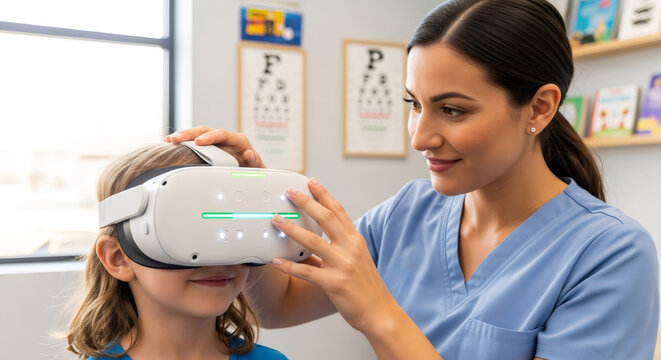 Woman doctor helping a little kid wearing virtual reality headset for innovative pediatric ophthalmology vision testing.