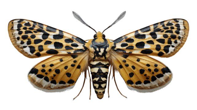 Ornate Lepidoptera: A detailed overhead shot reveals the exquisite patterns and vibrant hues of this Lepidoptera, a masterpiece of natural design with spotted wings and intricate details. 