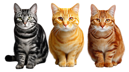 Trio of Domestic Cats: A striking arrangement features three domestic cats, each showcasing unique fur patterns and captivating eyes.