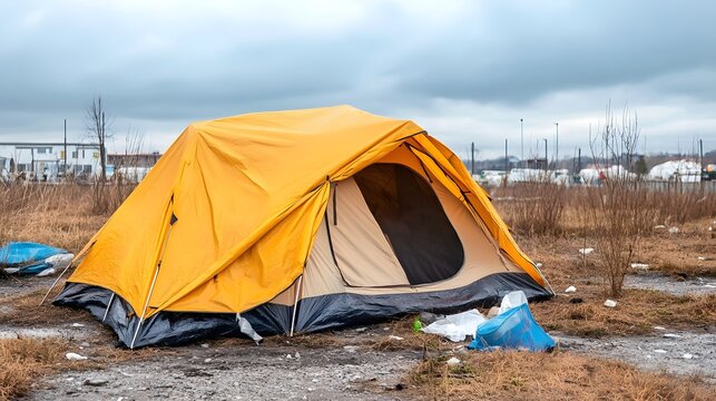 A bright orange camping tent stands in a desolate overgrown urban field under a grey cloudy sky