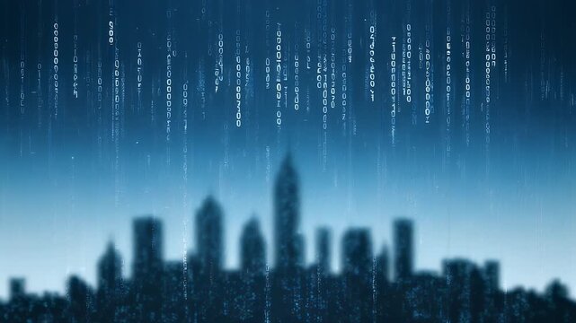 Digital city silhouette overlaid with cascading binary code, creating a futuristic tech landscape in cool blue tones