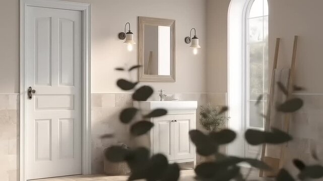 A tranquil, light-filled bathroom boasts a modern, minimalist aesthetic.