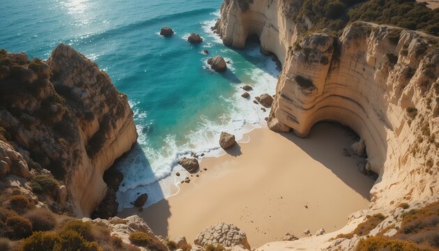 A breathtaking secluded sandy beach nestled between towering rocky cliffs under clear blue waters