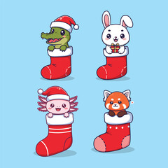 Cute Vector Illustration of Christmas Stockings with Cartoon Animals – Whimsical Holiday Character Set