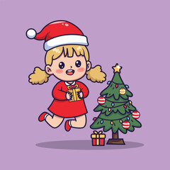 Fototapeta premium Cute Cartoon Girl in Santa Outfit Jumping Near Christmas Tree . Vector Illustration of Whimsical Holiday Joy