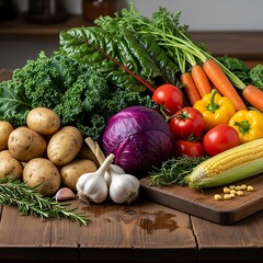 Fresh Harvest - A Colorful Assortment of Vegetables on Wooden Table.