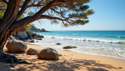 serene coastal landscape with weathered tree rocks and gentle ocean waves under clear blue sky