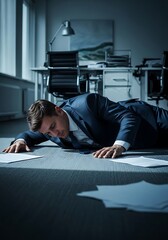 Overwhelmed Businessman Lying on Office Floor Surrounded by Documents.