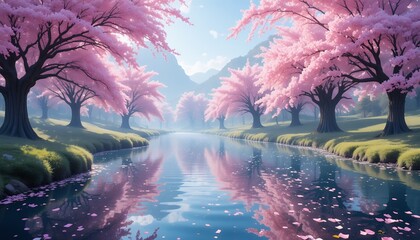 Fototapeta premium Serene landscape with blooming pink cherry trees along a reflective river during a misty morning