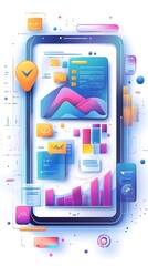 Digital tablet displaying colorful charts graphs and data analytics with futuristic interface and glowing elements representing technology and business growth