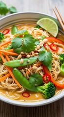 Delicious Asian Noodle Soup with Vegetables and Lime.