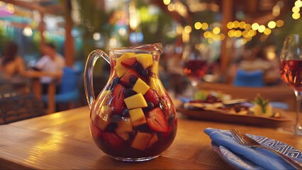 Fototapeta premium A glass pitcher of red Sangria or fruit punch with strawberries and mangoes sits on a wooden bar counter at an outdoor restaurant during a warm evening gathering.