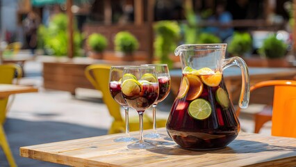 A glass pitcher of red Sangria or fruit punch filled with lime and orange slices, served with three wine glasses on a wooden outdoor table in bright sunlight.