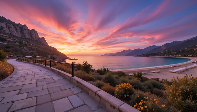 A breathtaking coastal pathway overlooking a serene beach and vibrant sunset sky with mountains in