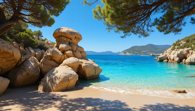Serene coastal landscape with turquoise waters and rocky shoreline under clear sky