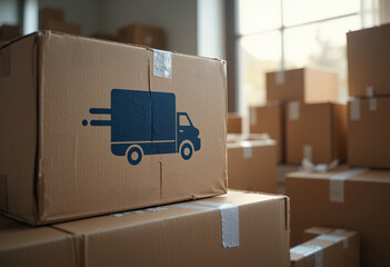 Cardboard boxes with delivery truck icons stacked inside a bright warehouse setting