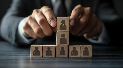 Business professional carefully stacking wooden blocks with human silhouette icons symbolizing team building recruitment and career advancement in a corporate setting