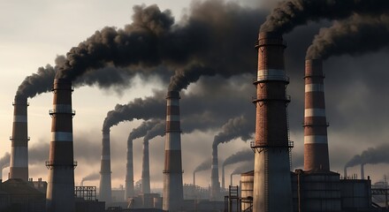 Industrial Pollution - Smoke Plumes from Factory Chimneys Impacting the Environment.