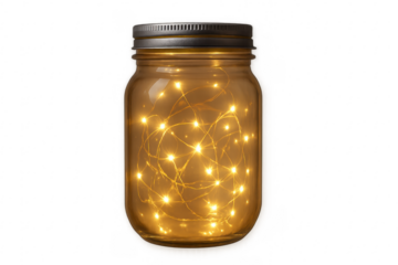 Mason jar with fairy lights creating warm glow
