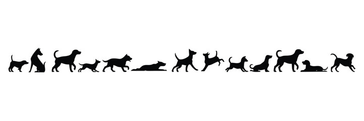 Assortment of Dog Silhouettes in Motion, Vector Collection of Dogs Running, Playing, and Sitting, Dog Animation Sprite Sheet Icons, vector, illustration.