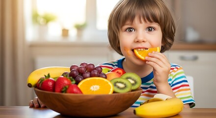 Healthy Eating - Young Boy Enjoys a Bowl of Fresh Fruits.