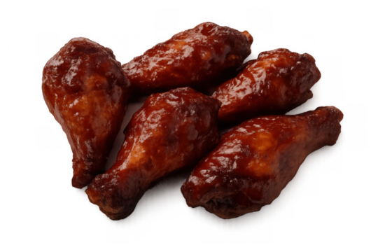 Glazed chicken wings and drumettes served as party food or appetizer with barbecue sauce, transparent background