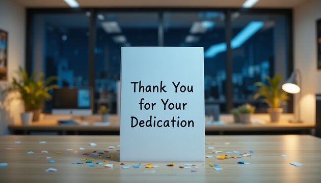 Appreciation card expressing gratitude for dedication in a modern office setting at night