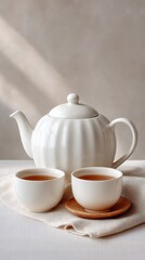 Elegant White Porcelain Tea Set with Two Cups Filled with Amber Tea Arranged on a Textured Lace Cloth with Soft Natural Light Casting Shadows