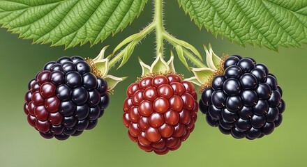 Ripe and Unripe Blackberries on the Vine with Green Leaves.