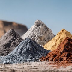 A Crystal Clear photo of piles of refined rare earth elements from mining activities: mining techniques, mineral refinement, aggregation of elements, industry procedures.