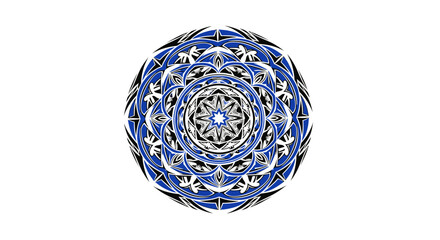 Artistic radial symmetrical pattern with blue hues and intricate detailing on white expanse