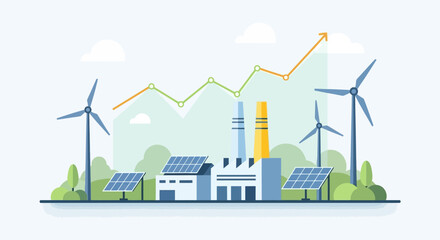 Sustainable energy powering growing economy, showcasing renewable power sources, minimal style