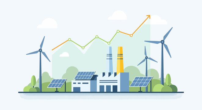 Sustainable energy powering growing economy, showcasing renewable power sources, minimal style