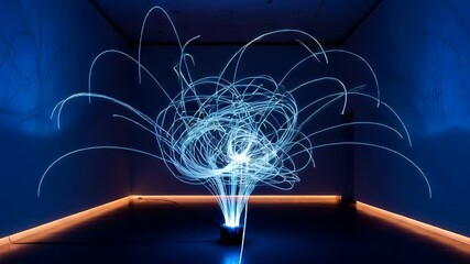 Dynamic light installation showcasing vibrant blue trails in an art gallery