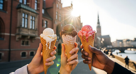 Three people holding ice cream cones with different flavors in front of a city backdrop on a sunny day.