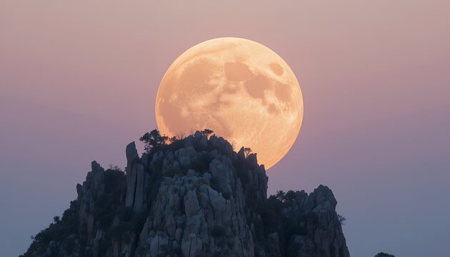 Dramatic full moon rising behind rugged rocky mountain peak during twilight sky
