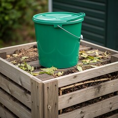 Green Compost Bin on Wooden Compost Heap - Sustainable Gardening.