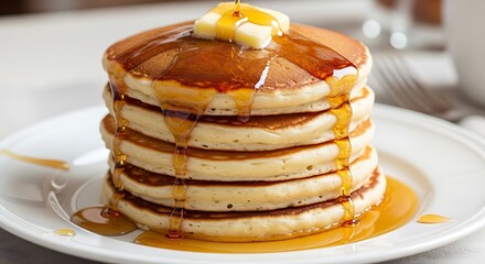 Stack of Pancakes with Butter and Syrup - A Delicious Breakfast Treat.