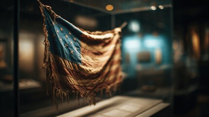 pennant. Tattered historical flag with burnt edges in a museum showcase. event programs, museum guides, designed for cultural heritage projects and event programs, preserves heritage.